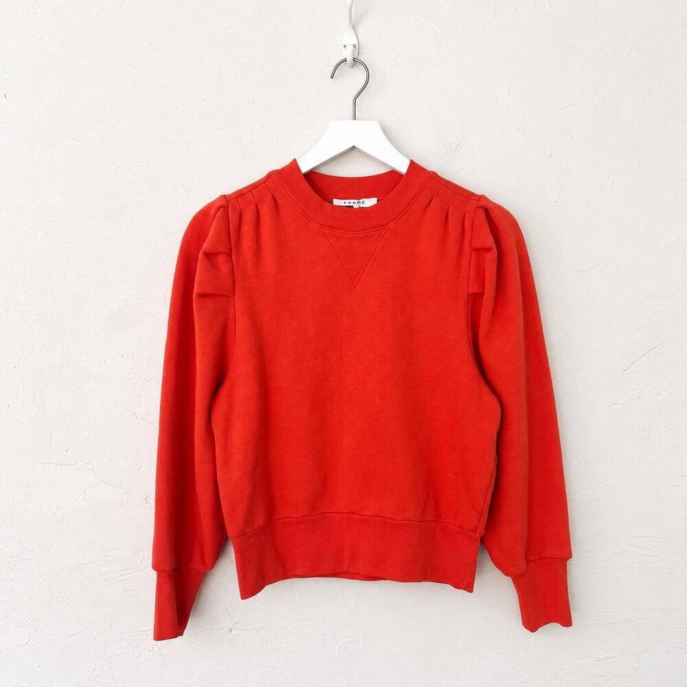 FRAME Shirred Puff Sleeve Sweatshirt S/P Sunkist Orange Cropped Pullover